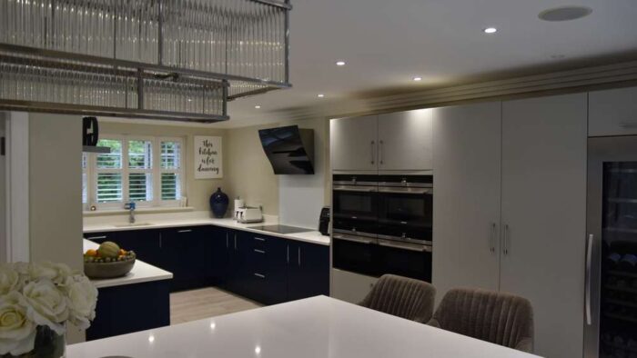 Large Mereway Modern Pale Grey - Navy Kitchen & Large Island – Siemens Liebherr Caple Appliances – Granite Worktops – Coachouse Designer Stools & Pendant