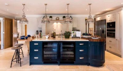 Large Modern Bespoke Forbrook Dust Grey / Blue / Oak Dovetail Joint Kitchen & Large Island with Butchers Block & Large Dresser & Utility Room & Boot Room