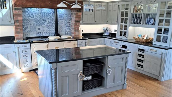 Bespoke Large Traditional F&B Light Dark Grey Twist Pilaster Kitchen - Island - Dresser Area – Appliances – Granite Worktops – Designer Polished Handles