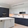 Stunning Modern Two-Tone Shaker Blue - Light Grey Kitchen & Matching Island – Miele Appliances – White Granite Stone Worktops