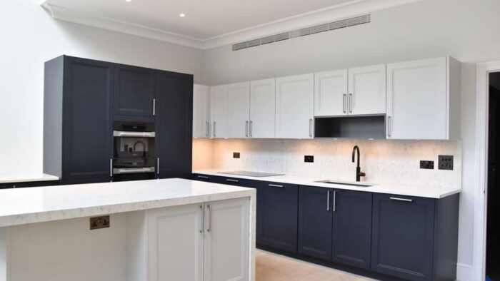 Stunning Modern Two-Tone Shaker Blue - Light Grey Kitchen & Matching Island – Miele Appliances – White Granite Stone Worktops