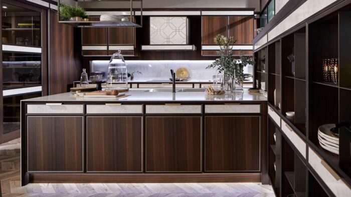 Ex Display Luxury Italian Bottega D’Arte Daytona Smoked Eucalyptus Woood Veneer - Solid Brass Framed Quartzite Imperial White Paneling Kitchen & Large Matching Island & Dresser