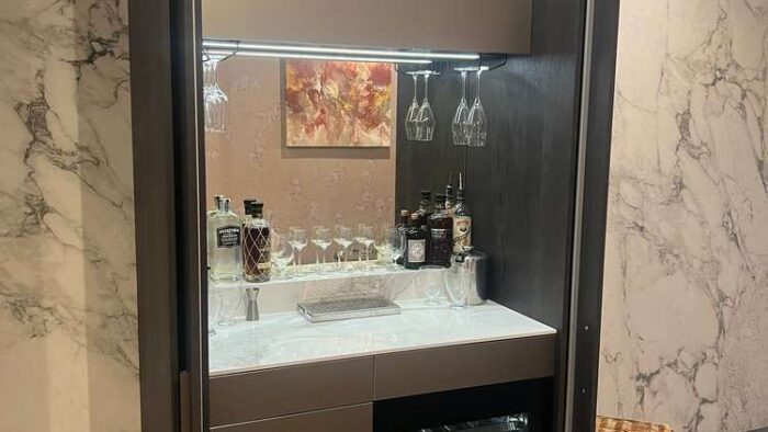 Ex Display Luxury Poggenpohl Pocket Door Bar Medium Oak Champagne - Aluminum Real Wood Veneer