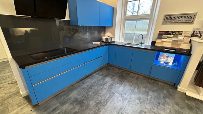 Ex-Display-Poennighaus-German-Blue-stainless-steel-handless-channel-Servo-Drive-Kitchen-–-Luxair-Hob-Maia-42mm-Vulcano-Worktops