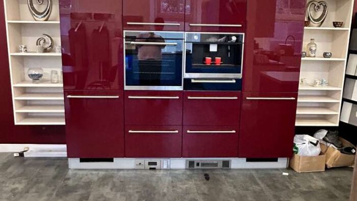 Ex-Display-Poennighaus-German-Burgandy-Gloss-Tall-Display-–-Kompact-Appliances-Cream-Open-Shelves-framing-units-with-LED-lights