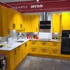 Ex Display Wren Infinity Plus Chelsea Shaker Spectrum Yellow Kitchen - Xena Quartz Statuario Worktops Solid Timber Walnut Worktop – Sink & Tap