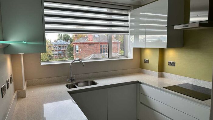 Schuller Crystal White Uni Gloss - Nova Anthracite Matt Kitchen – Neff John Lewis Zanussi Appliances – Quartz Worktops