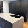 Ex Display Fenix Black Matt Double Pocket Door Kitchen & Island - AEG Micro Appliances - Neolith Pietra Di Luna Worktop inc Waterfall Sides