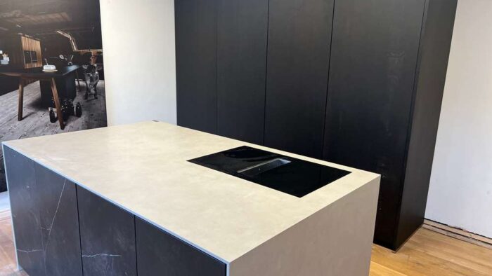 Ex Display Fenix Black Matt Double Pocket Door Kitchen & Island - AEG Micro Appliances - Neolith Pietra Di Luna Worktop inc Waterfall Sides