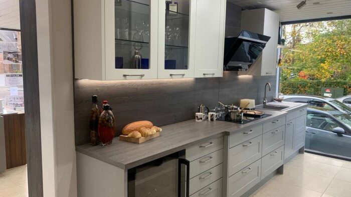 Ex Display Hacker Lotus Pear Grey - White - Graphite Kitchen – Hacker Grey Oak effect Laminate Worktops