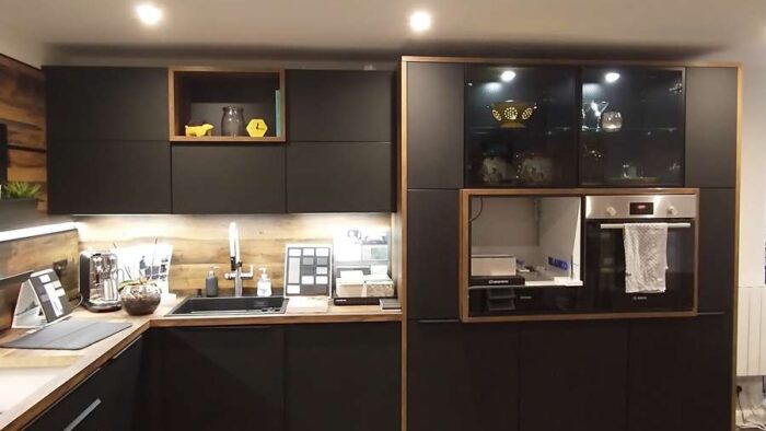 Ex Display Schuller Unimatt Onyx Black - Walnut effect Kitchen - Caple Bosch Siemens Appliances - Walnut Worktop