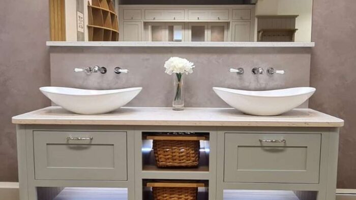 Ex Display Reno Hand Painted Light Blue Inframe Vanity Unit - Caesarstone White Attica Worktops