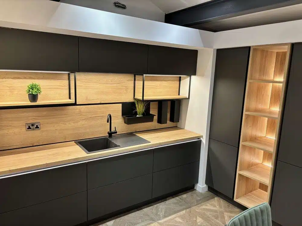 Ex Display Schuller Next 125 Anthracite & Oak effect Kitchen - Next 125 Oak Effect Worktops – Granite Sink & Swan Neck Mixer Tap