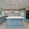 Large Two-Tone Sky Blue - White Gloss Modern Kitchen & Island & Walk-in Pantry – Neff CDA Bosch Appliances – White Quartz Worktops