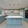 Large Two-Tone Sky Blue - White Gloss Modern Kitchen & Island & Walk-in Pantry – Neff CDA Bosch Appliances – White Quartz Worktops