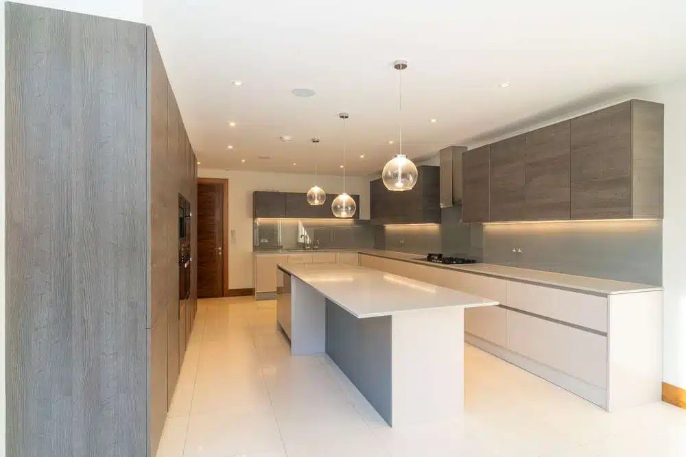 Leicht German Immaculate Cappucino Gloss - Wood Grain Kitchen & Large Island – Miele Insinkerator Appliances – Granite or Quartz Worktops
