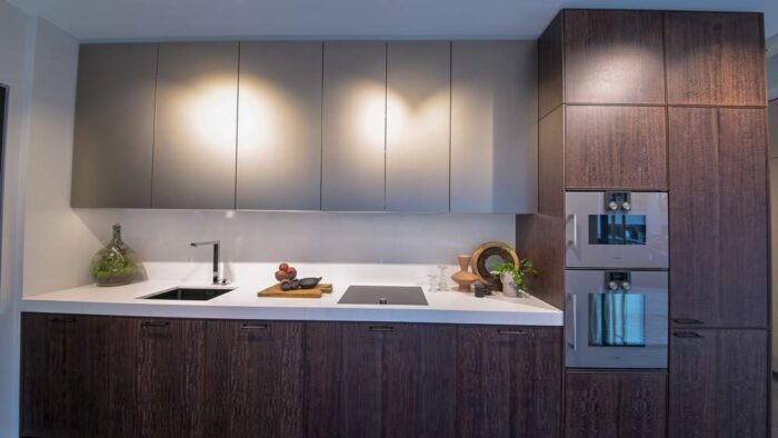 Ex Display Frame 6 Eucalyptus Tonka Dark Brown & Frosted Bronze Glass Matt Poggenpohl Kitchen – Gaggenau Falmec Appliances