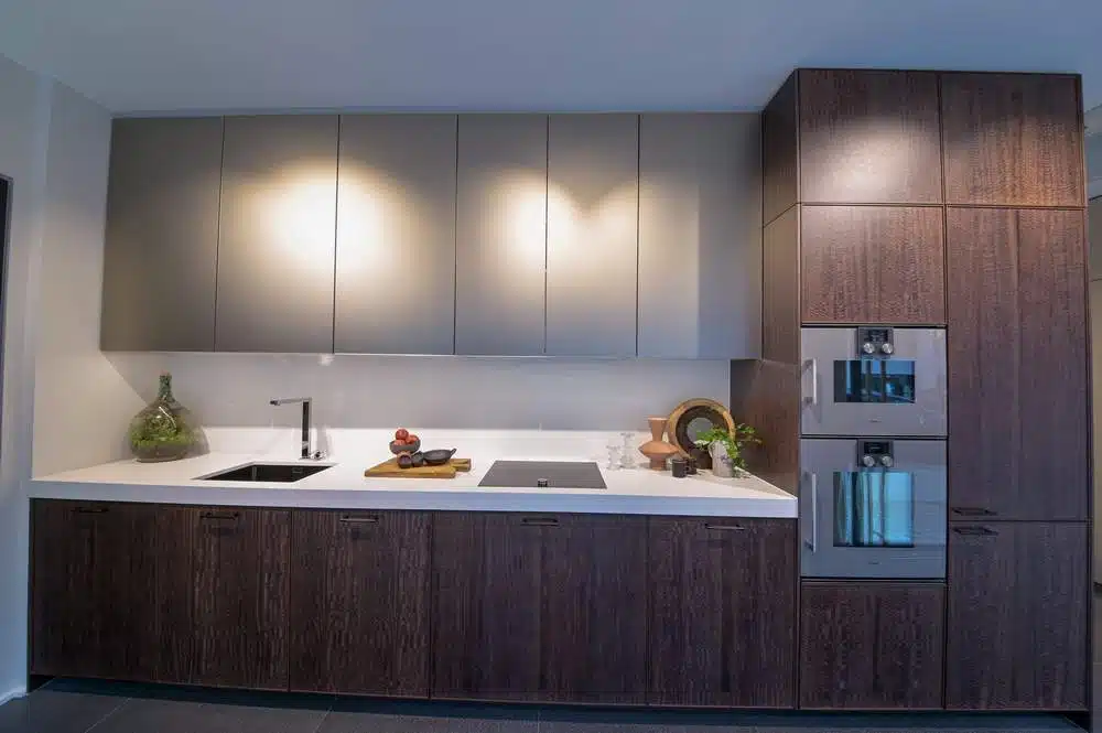 Ex Display Frame 6 Eucalyptus Tonka Dark Brown & Frosted Bronze Glass Matt Poggenpohl Kitchen – Gaggenau Falmec Appliances