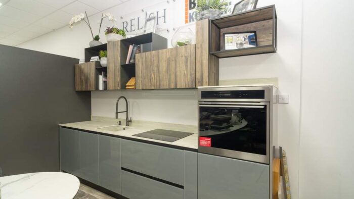 Ex Display Mobilturi Grey Glass Wood Grain Door Kitchen – Caple Faline Appliances - Worktops