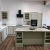 Ex Display Pine Oak Factory Green Light Stone & Apple Green Tongue & Groove Dovetail Joint Pine Kitchen & Island – Caple Appliances - Calacatta Gold Quartz & Granite Worktops