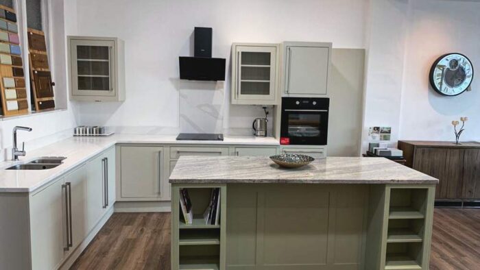 Ex Display Pine Oak Factory Green Light Stone & Apple Green Tongue & Groove Dovetail Joint Pine Kitchen & Island – Caple Appliances - Calacatta Gold Quartz & Granite Worktops