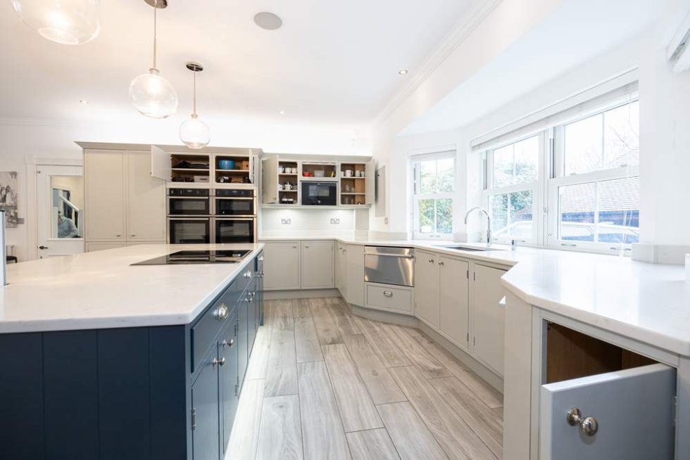 Laura Ashley Luxury Grey Harbury Kitchen with Hague Blue Island ...