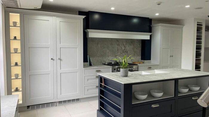 Mereway Light Grey In Frame Indigo Blue Island Oak Carcass Lacquered Kitchen & Island - Liebherr Fisher Paykel Falmec Appliances