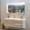 Ex Display Sense Teak Sabbiato Single Vanity Unit with Framed Mirror - Fenix Bianco Male Worktop