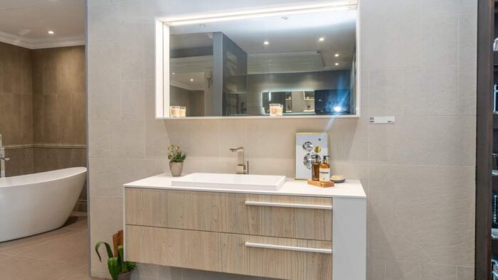 Ex Display Sense Teak Sabbiato Single Vanity Unit with Framed Mirror - Fenix Bianco Male Worktop