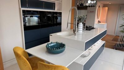 Ex Display Bespoke Hague Blue & Skimming Stone Kitchen – Bosch, Quartz Sink & Grohe Appliances - Silestone Worktop