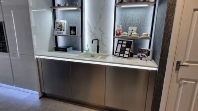 Ex Display Nobilia Inox 216 Lacquered Laminate Brushed Steel Repro Bar – Coffee Station – Blanco Subline Sink – Consentino Dekton 20mm Aura Natural Worktop