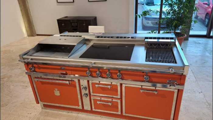 Ex Display Officine Gullo Fiorentina Semi Professional 208 Orange Satin Nickel Trim Tailor Made Island Cooking Range