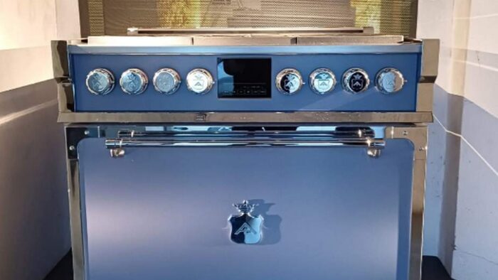 Ex Display Officine Gullo Fiorentina Semi Professional 90 Matt Blue Polished Chrome Trim Tailor Made Island Cooking Range