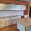 Ex Display Scavolini Astra White High Gloss + Cherry Matt Opaque Sand Blasted Glass Kitchen & Island – Smeg Appliances – Quartz with Aluminium Bottom Profile 30mm Worktops