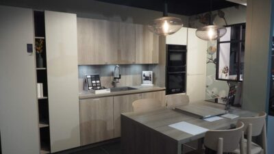 Ex Display Schmidt Arcos Kashmir Grey Iceland Kitchen & Breakfast Bar – Neff Appliances – Iceland Laminate Worktops – 4 x Matching Bar Stools