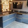 Ex Display Schmidt Arcos Soft Navy Everest Loft Gold Kitchen – Kaelo Siemens Appliances – Silestone Eternal Noir Polished Quartz Worktop with Nano Black Marmor Laminate Breakfast Bar – Designer Pendant Lights – 3 x Designer Gold Stools - Samsung TV