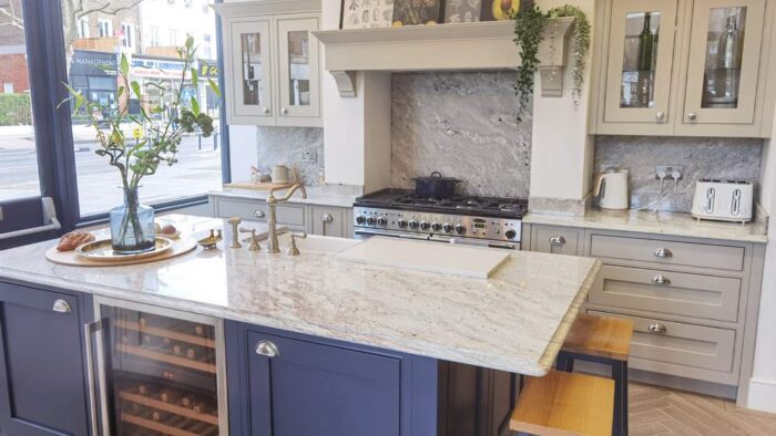 Ex-Display-Shaker-Matt-Stone-Hartforth-Blue-with-Pewter-Cup-Handled-Kitchen-Island-plus-Drinks-Cabinet