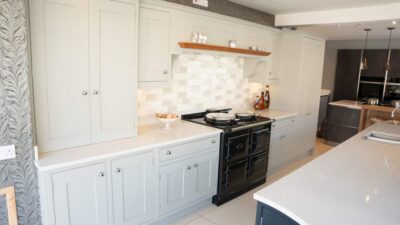 Ex Display Traditional Furniture Hand Painted Dovetail Joint Drawer Kitchen with Island & Breakfast Bar - Fisher & Paykel AGA Quooker Appliances - Caesarstone London Grey Worktops With Solid Walnut Breakfast Bar 