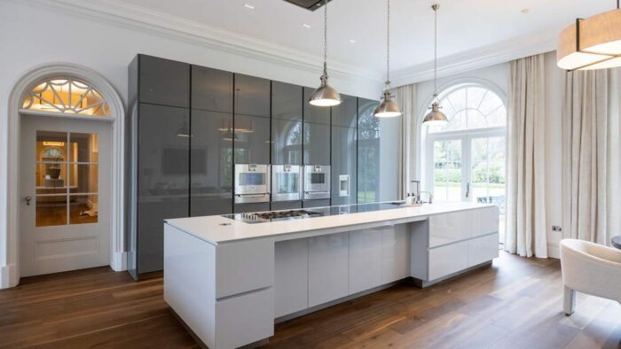 Luxury Poliform Italian Varenna Gaggenau Pro Graphite Grey Kitchen Large Off-White Island Plus Large Utility Room Plus Laundry Room – Gaggenau Appliances – Quartz/Granite Worktops