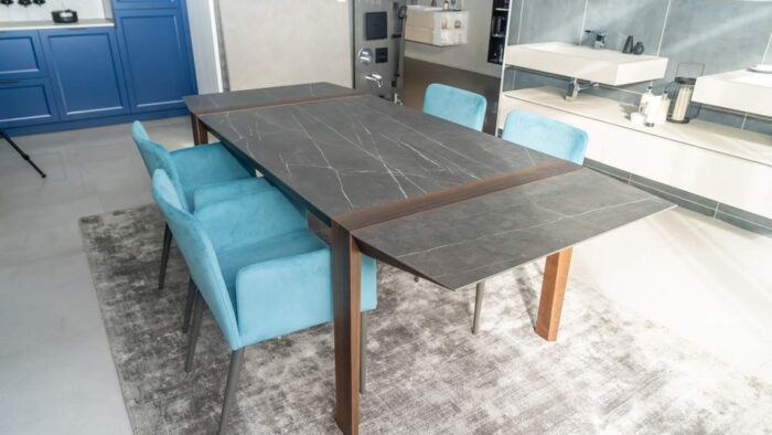 Ex Display Extendable Dining Table with Porcelain Top and Four Cushioned Chairs with Soft Fabric