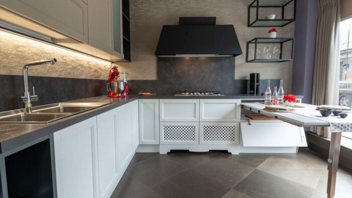 Ex Display Luxury Cucinesse Harmony White Beige Open Pore & Anthracite Grey Kitchen with Matching Bookshelves – Beko Faber Appliances - Laminate Black Worktops