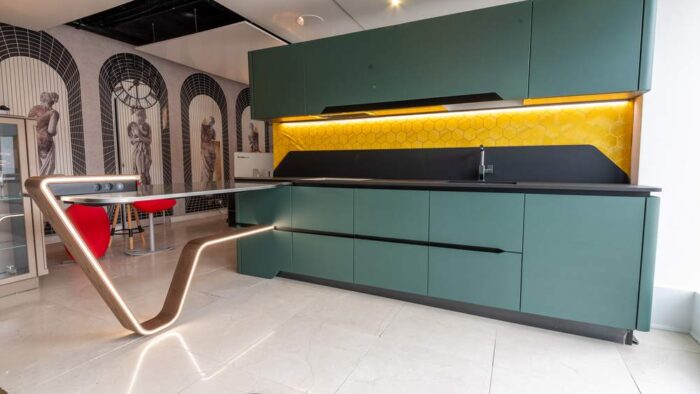 Ex Display Luxury Italian Iconic Snaidero Vision Alpi Green Black Framed Smoke Glass Matt Lacquer Kitchen