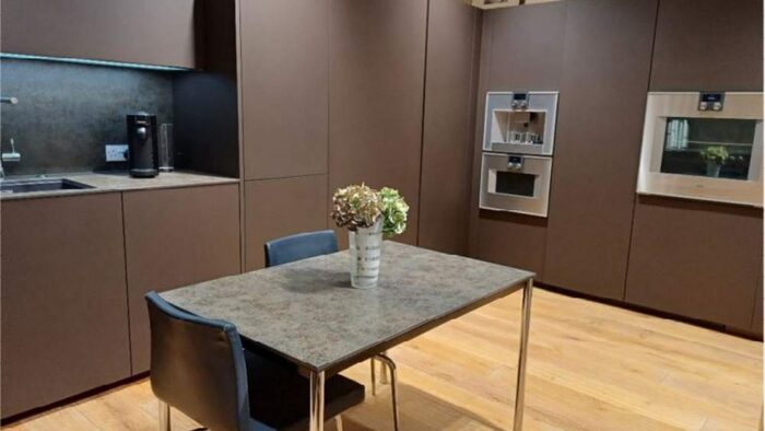 Ex Display Next 125 Mocha Brown Matt Velvet Lacquer Modern Kitchen - Neolith Iron Grey Satin Finishes 12mm Worktops – Gaggenau Liebherr Siemens Appliances available as optional extra.