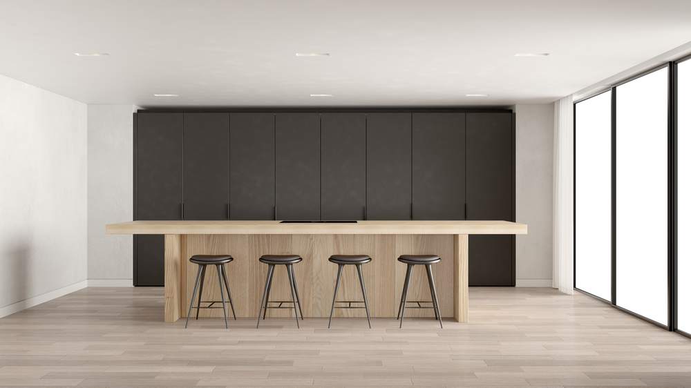 New Super Luxury Boxed Eggersmann Pocket Door Sydney Metal effect Black Edge Pull Handle Kitchen & Oak Veneered Island with Metal effect Handle Grips.