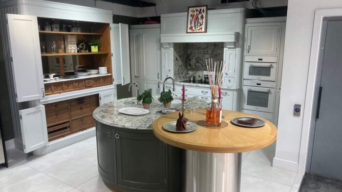 Ex Display Davenport Mayland Chamfered Light & Dark Grey Walnut Veneer Kitchen inc Double Butler Pantry Matching Island – Miele Zip Appliances as optional - Worktops