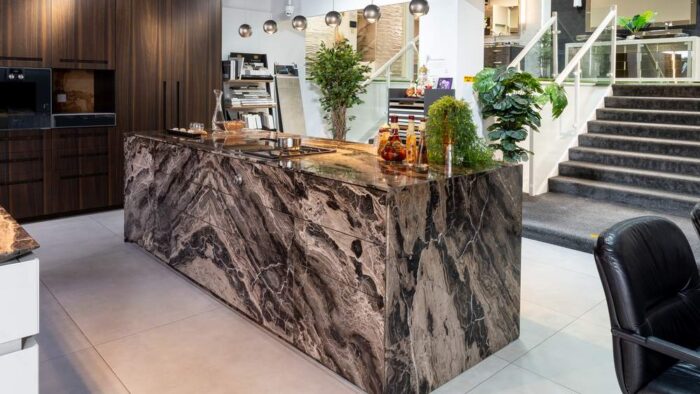 Ex Display Luxury TM Italia Marble Frapuccino Chiaro Levigato Servo Drive Drawers Island  with Waterfall Sides - Gaggenau Appliances available as optional extras