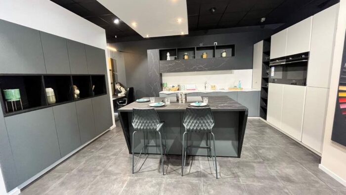 Ex Display Schmidt Large Arcos Supermatt Nano Sencha Two-Tone Kitchen & Island – Neff Siemens Appliances - Silestone Quartz Calcutta Gold & Nano Black Marmor Laminate Worktops with Waterfall Sides