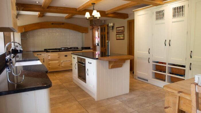 Luxury Edwin Loxley Wood Door Dovetail Joint Buttercream Kitchen with Island and Large Hacker Utility Room – Miele Neff Siemens Quooker Appliances – Granite Worktops