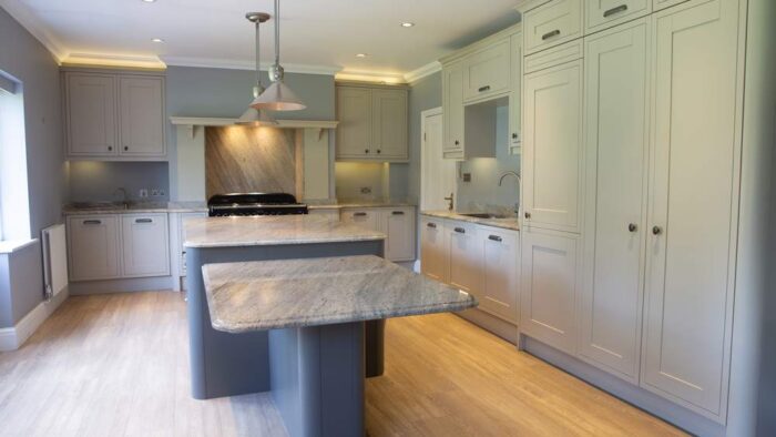 Bespoke Dove Grey Shaker Kitchen with Graphite Grey Island and Dining Table – AEG Rangemaster Caple Appliances – Marble Worktops - 3832702