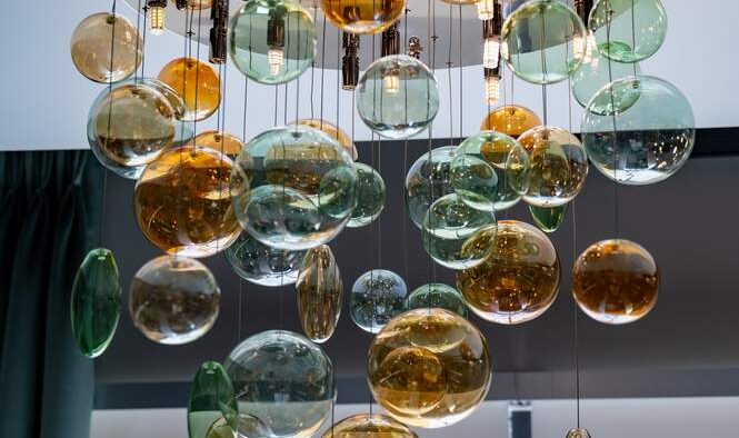 Ex Display Luxury Italian Murano Bubbles Handmade Green and Amber Blown Glass Ceiling Lamp